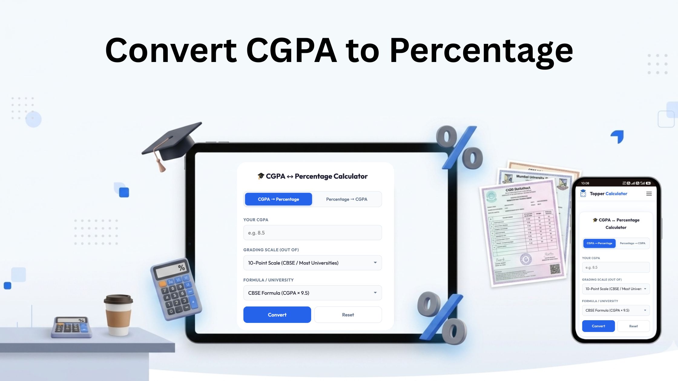 CGPA to Percentage Calculator displayed on tablet and mobile screens with grading scale and university formula options.