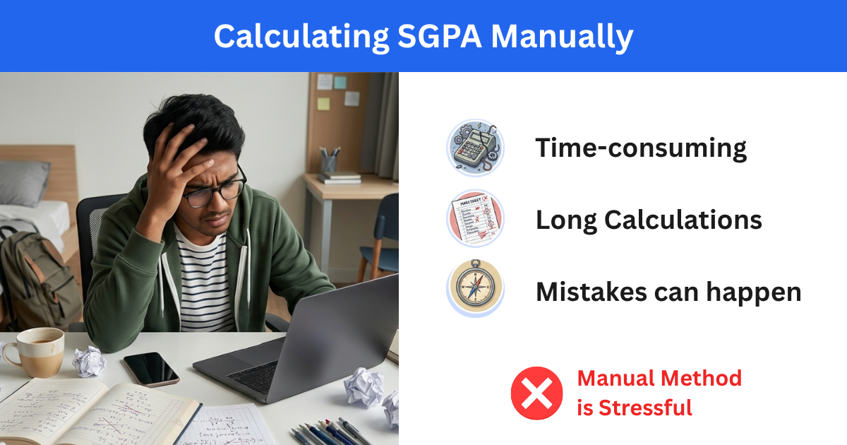 An illustration showing a stressed student calculating marks manually, with a list of challenges including long calculations, time-consumption, and the risk of mistakes.