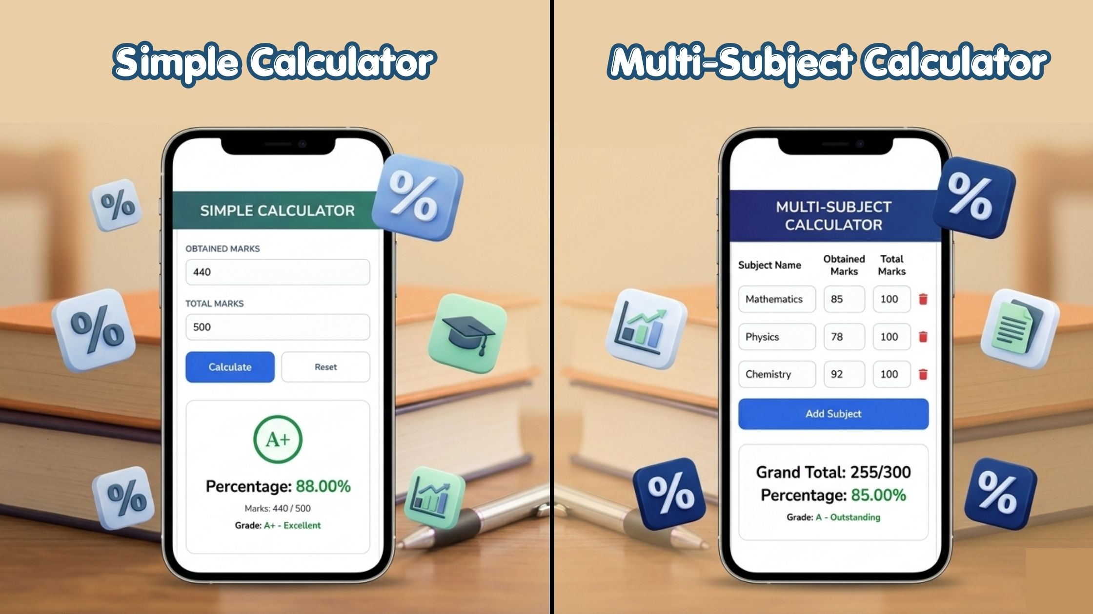 Comparison between simple mark calculator and multi-subject marks percentage calculator